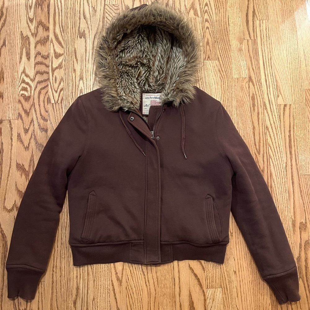 anchor blue brown furry zip up